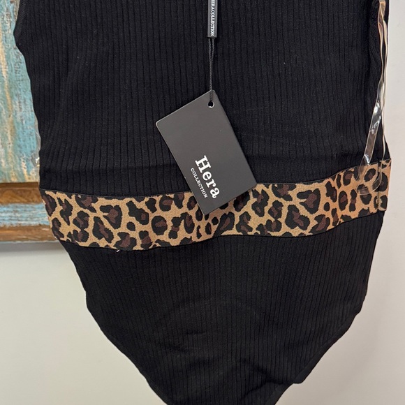 Hera Collection Black Ribbed leopard print bodysuit NWT M - Picture 3 of 9